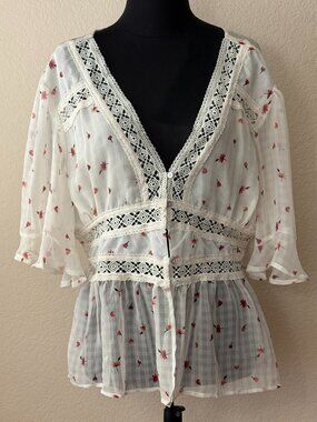 LIFE Womens XL Sheer Floral Blouse Crochet Lace Boho Romantic Flutter Sleeve